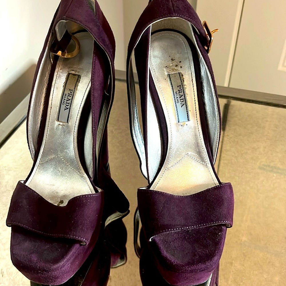 Prada Purple Suede open toe buckled heels holiday party must have